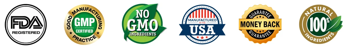 Sleep Lean order trust badges including FDA registered, GMP certified, No GMO ingredients, manufactured in USA, 100% money back guarantee, and natural ingredients seal