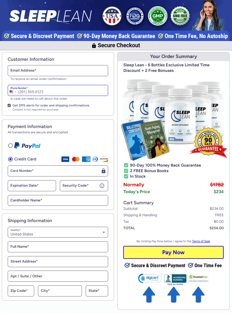 Sleep Lean order page showing secure checkout for 6-bottle package with discount, free shipping, 2 bonus books, and 90-day money back guarantee