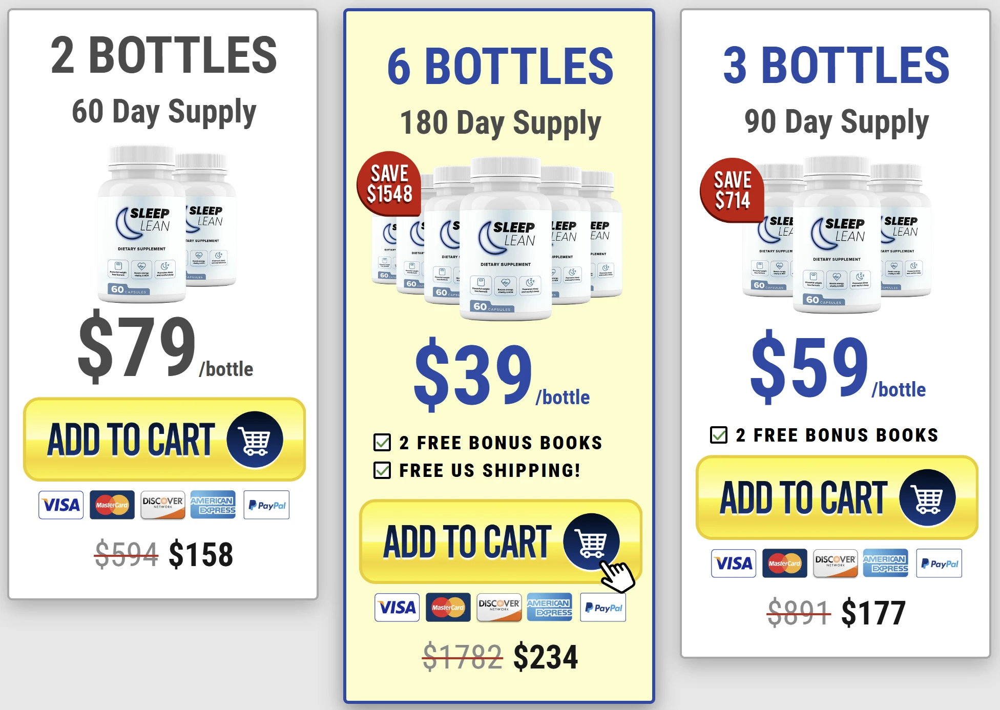 Sleep Lean price comparison showing 2 bottle, 3 bottle, and 6 bottle packages with discounts, best value 6-bottle supply