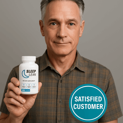 Sleep Lean reviews – male customer holding Sleep Lean natural sleep and fat loss supplement bottle