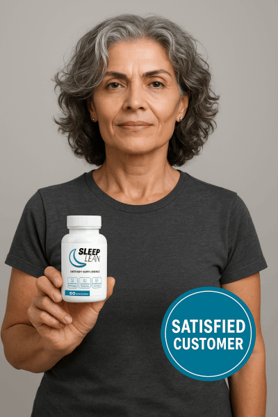 Sleep Lean reviews – female customer showing Sleep Lean natural sleep and weight loss supplement bottle