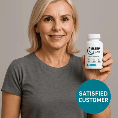 Sleep Lean reviews – satisfied customer holding Sleep Lean natural sleep and weight loss supplement bottle